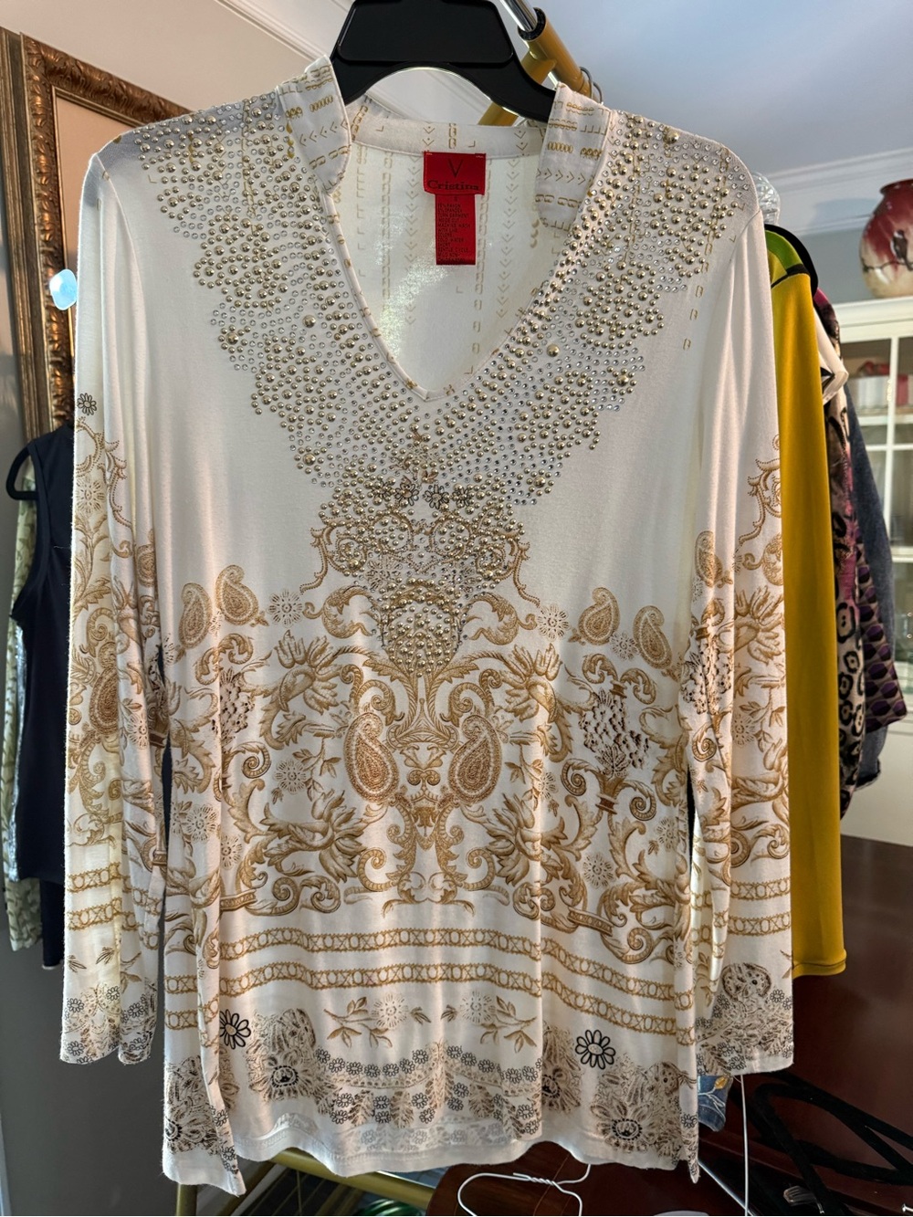 V Cristina Cream & Gold Embellished V-Neck Long Sleeve Top